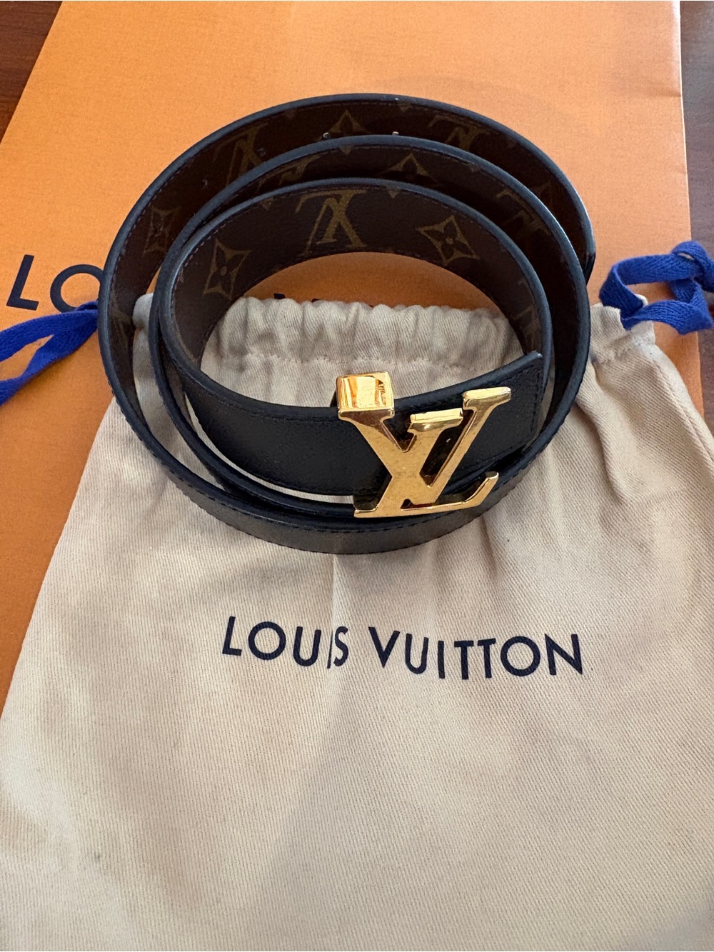 Louis Vuitton Black Leather Reversible Monogram Belt with Gold LV Buckle